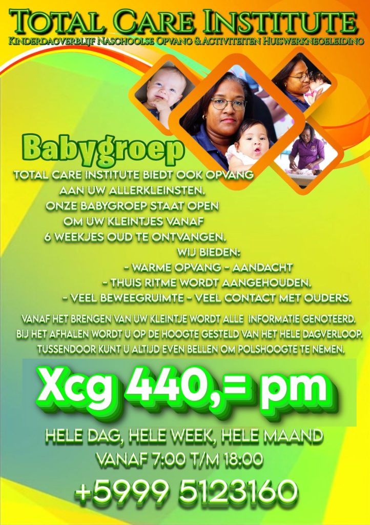 Promotional poster for Total Care Institute, featuring a baby group offering childcare services for infants starting from 6 weeks old, highlighting warm care, attention, and ample physical activity space, with pricing and contact information.