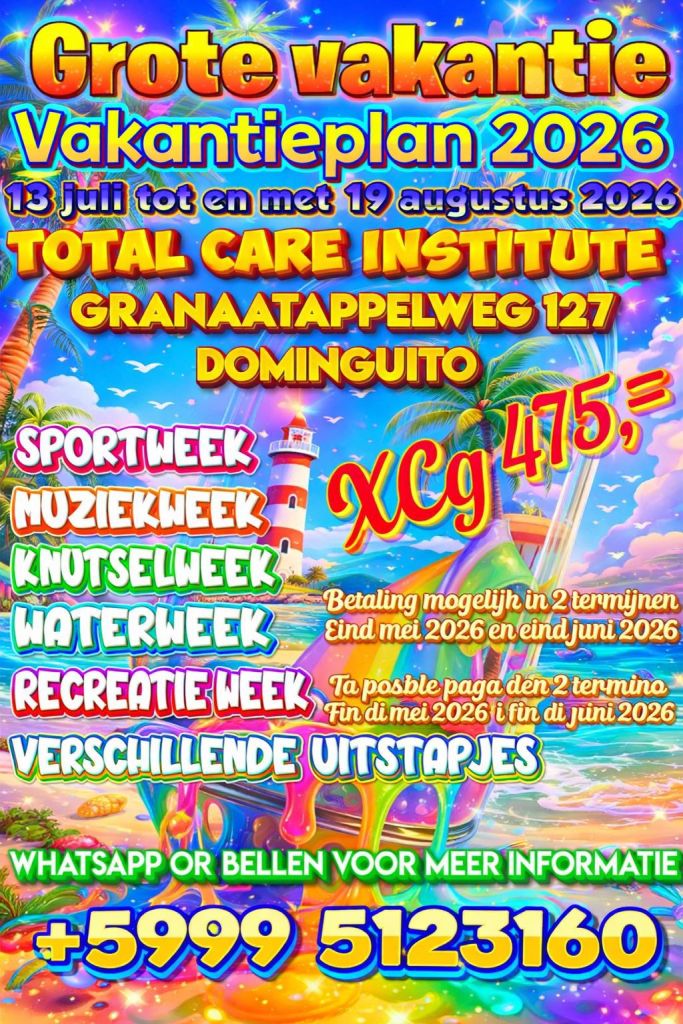 Colorful promotional poster for a vacation program in 2026, featuring dates from July 13 to August 19, and activities such as Sports Week, Music Week, Craft Week, Water Week, and Recreation Week. Includes contact information and payment details.