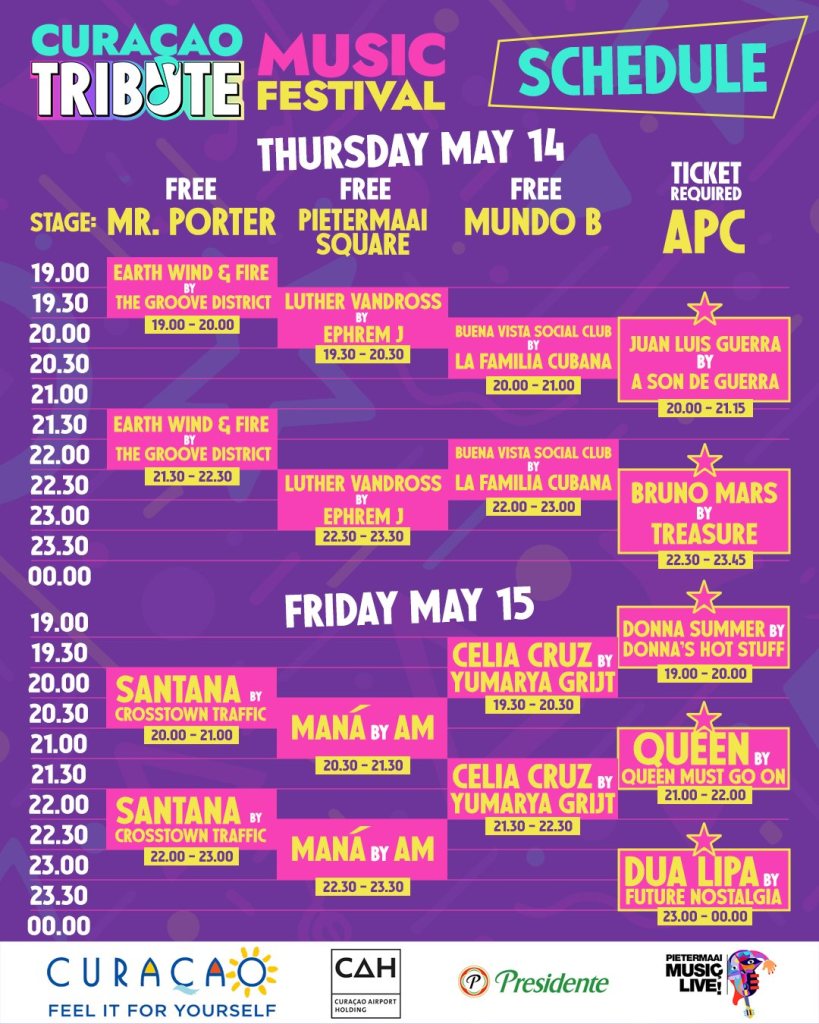 Schedule for the Curacao Tribute Music Festival including performance times and artists for Thursday, May 14 and Friday, May 15.