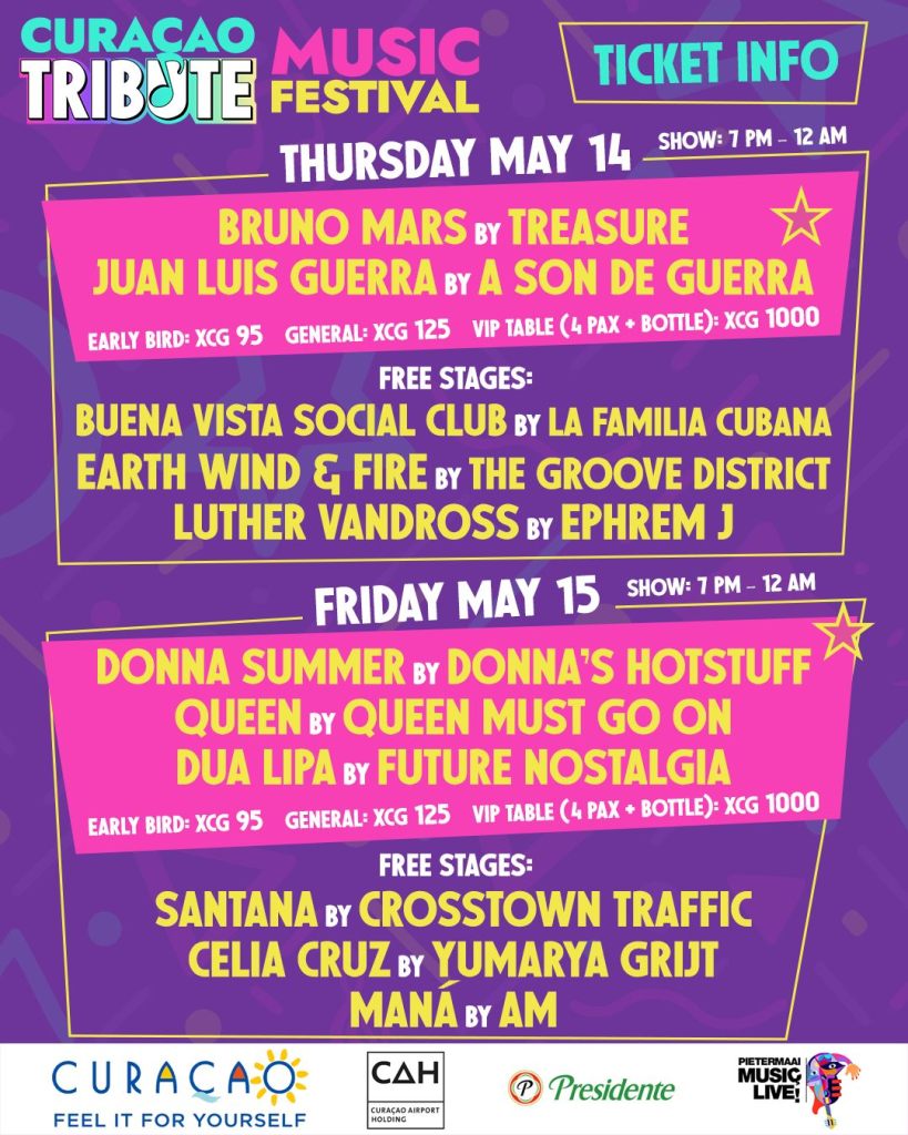 Curaçao Tribute Music Festival schedule featuring performances by Bruno Mars, Juan Luis Guerra, Donna Summer, and others, along with ticket pricing details.