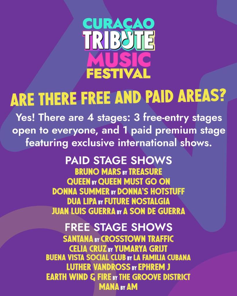 Promotional graphic for the Curacao Tribute Music Festival, detailing the availability of free and paid stages, with a list of artists performing on both.