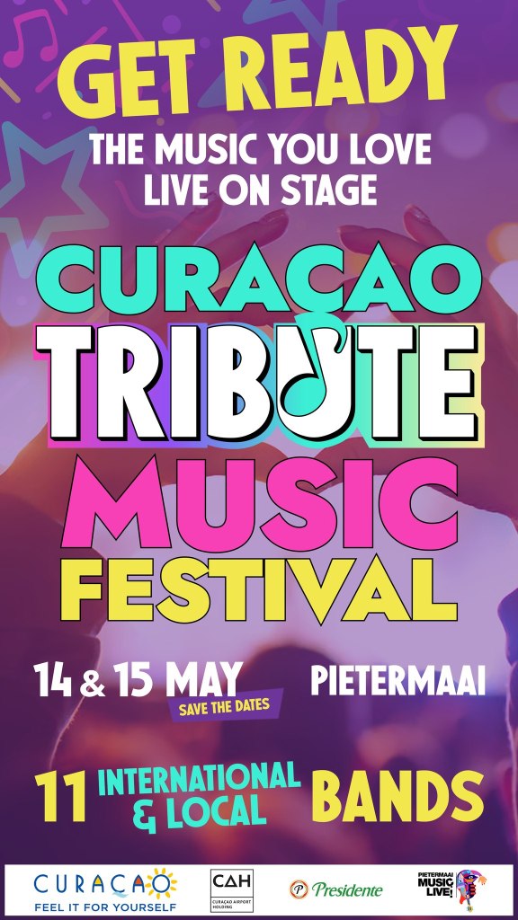 Promotional poster for the Curacao Tribute Music Festival featuring event details such as dates, location, and the number of participating bands.