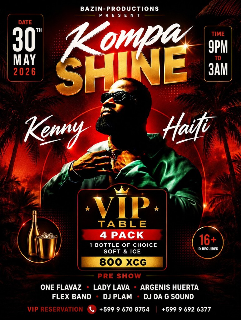 Promotional flyer for the Kompa Shine event featuring Kenny, scheduled for May 30, 2026. Includes details on VIP table packages, pre-show performers, and age restrictions.