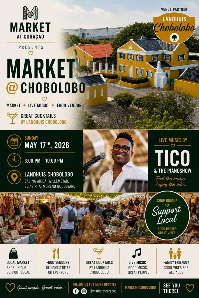 Promotional poster for Market at Chobolobo featuring details about the event including date, time, location, live music, and food vendors.