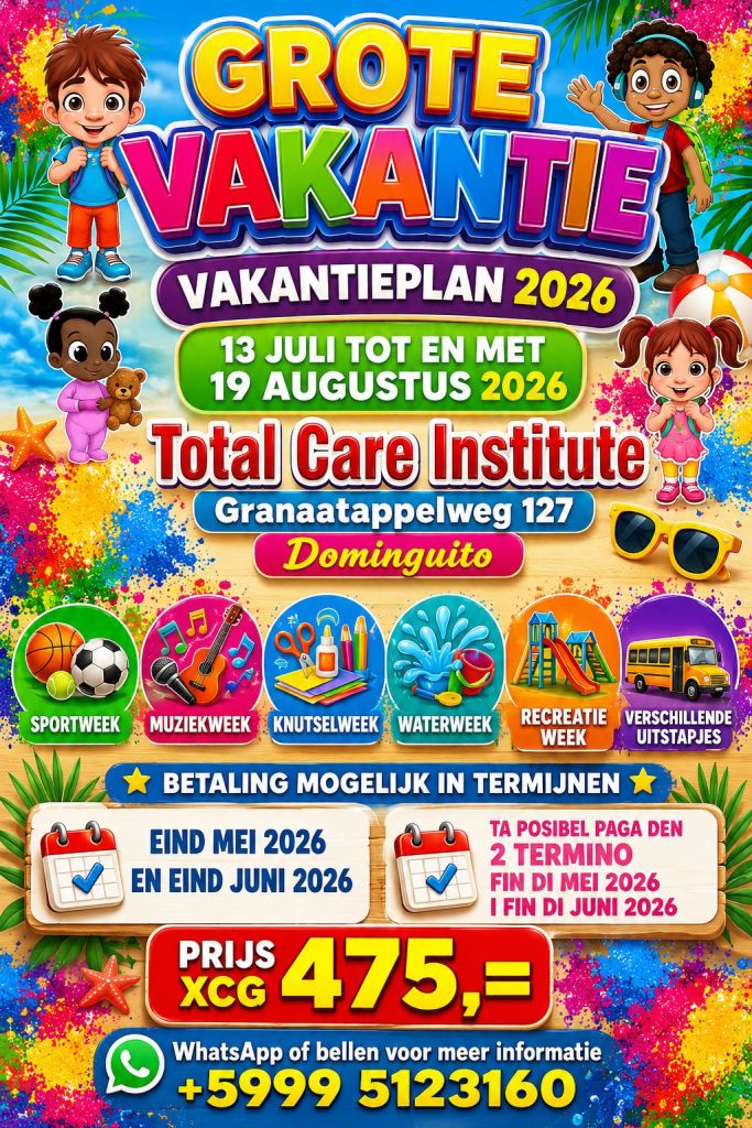 Colorful promotional poster for a summer vacation plan at Total Care Institute, featuring dates from July 13 to August 19, 2026, activities like sports, music, crafting, and water-themed weeks, and pricing information.