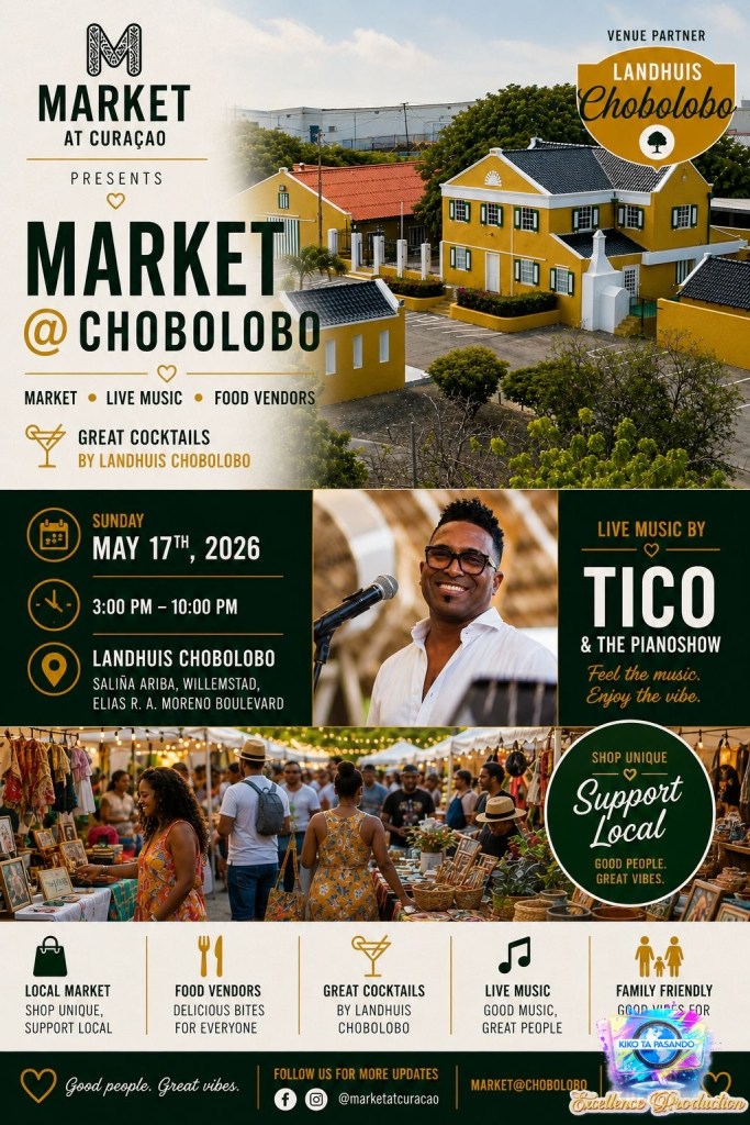 Promotional poster for the Market at Chobolobo event featuring colorful images of the venue, market activities, and live music. Includes event details, date, and times.
